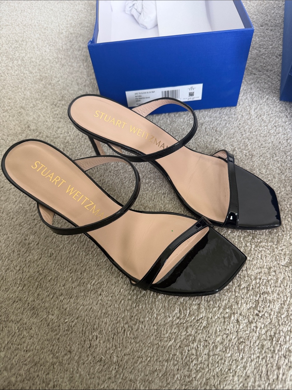 Stuart Weitzman Black Patent Double-Strap Heeled Slides